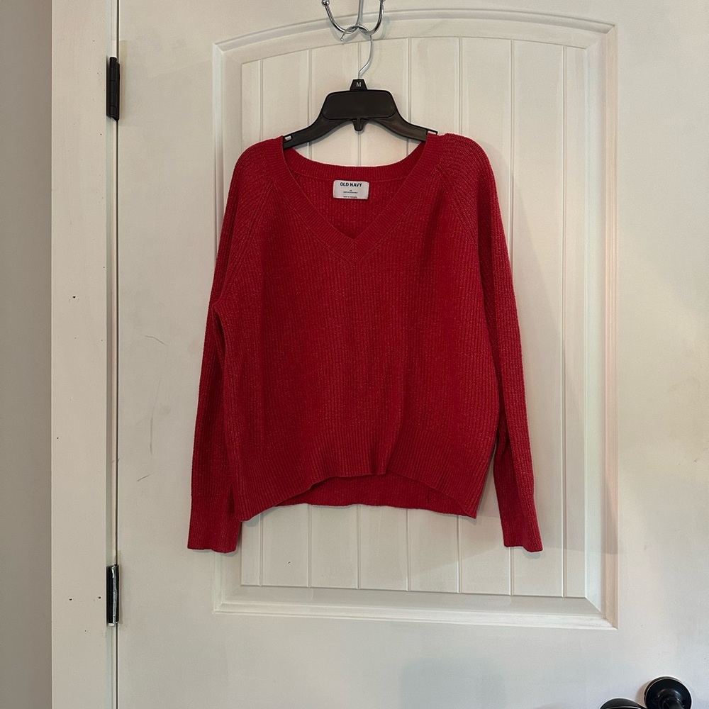 Old Navy Red V-Neck Sweater Soft Knit Pullover